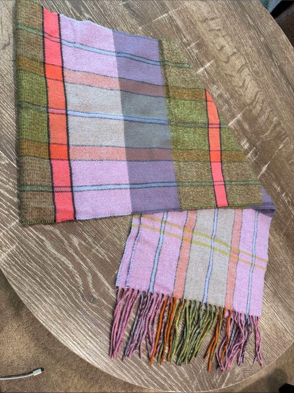 V. FRAAS Pink & Orange Plaid Fringe Scarf with Yellow Accents